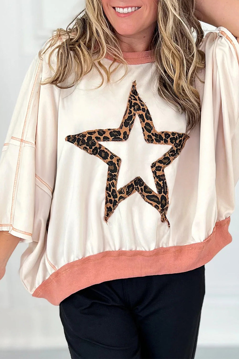 White Contrast Ribbed Exposed Seam Patchwork Leopard Star Oversize Top