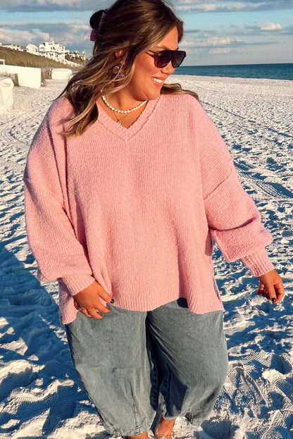 Gossamer Pink Drop Shoulder V Neck Hi Lo Casual Plus Size Sweater