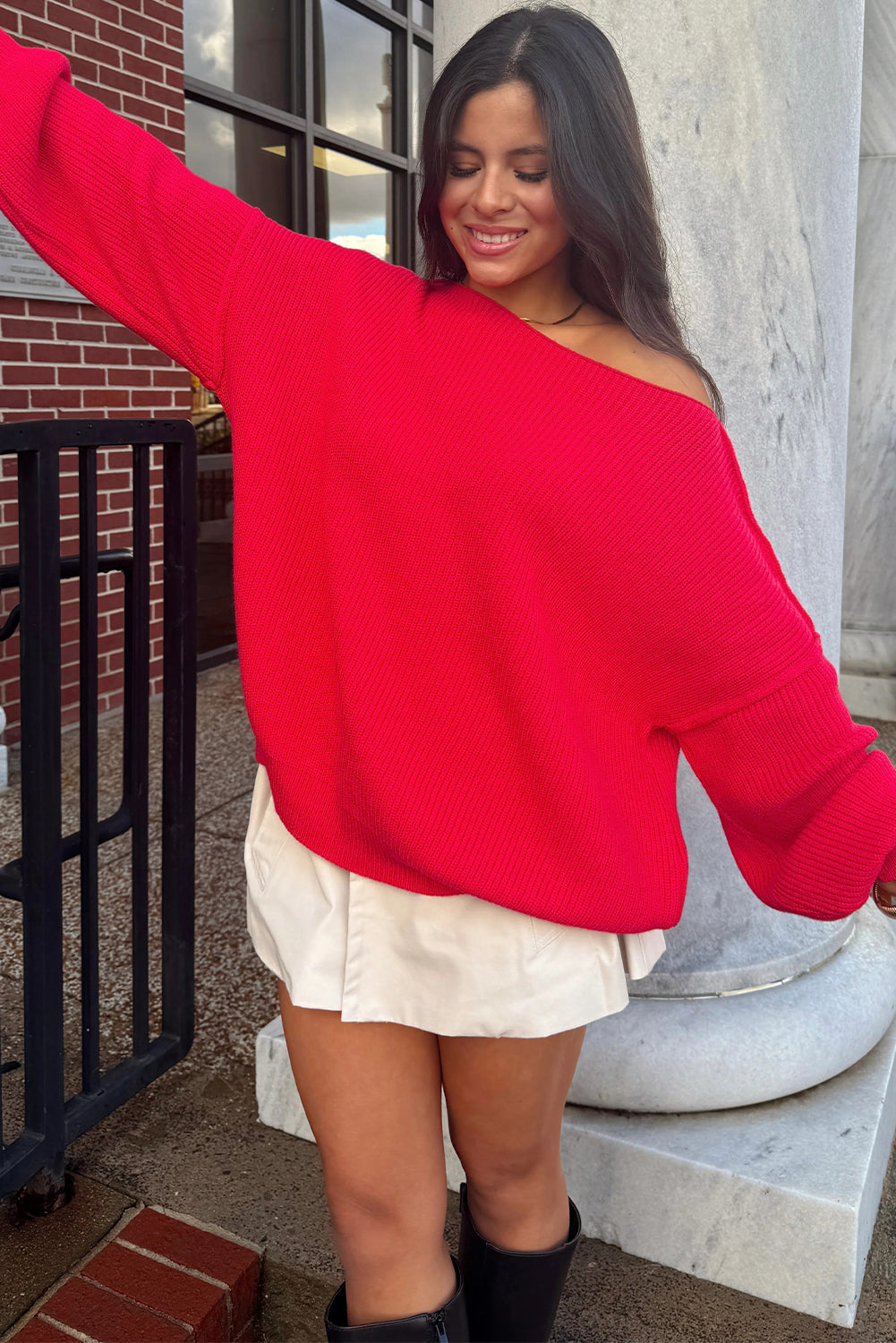 Fiery Red Asymmetric Neck Drop Shoulder Baggy Sweater