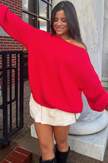 Fiery Red Asymmetric Neck Drop Shoulder Baggy Sweater