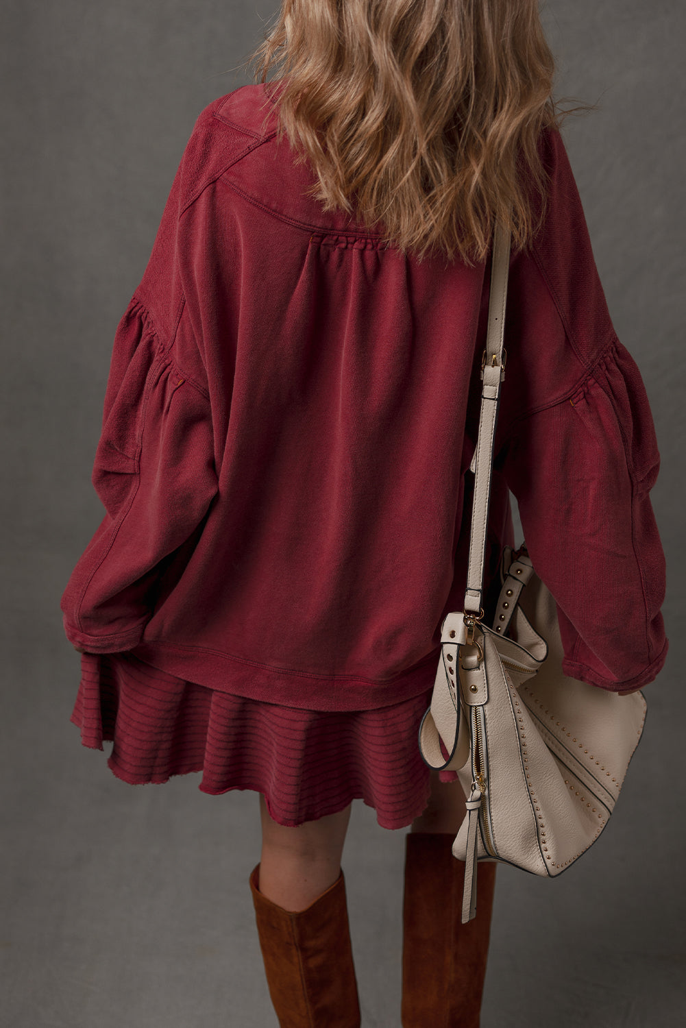 Burgundy Ruffle Hem Patchwork Half Button Long Sleeve Loose Tunic Dress