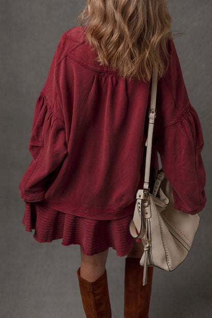Burgundy Ruffle Hem Patchwork Half Button Long Sleeve Loose Tunic Dress