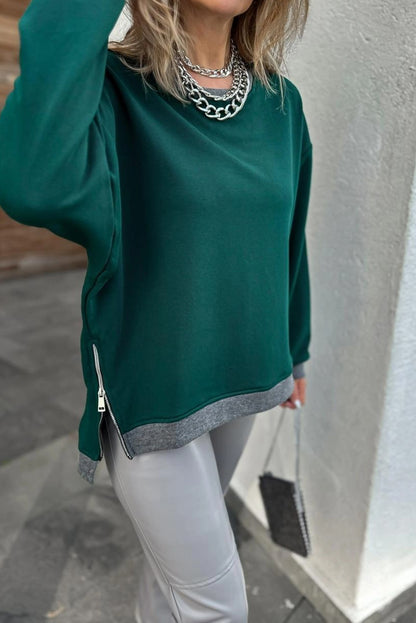 Evergreen Contrast Trim Round Neck Zip Side Slit Baggy Sweatshirt