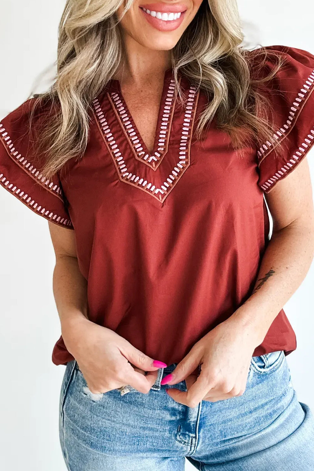 Clay Contrast Trim Flutter Sleeve V Neck Blouse