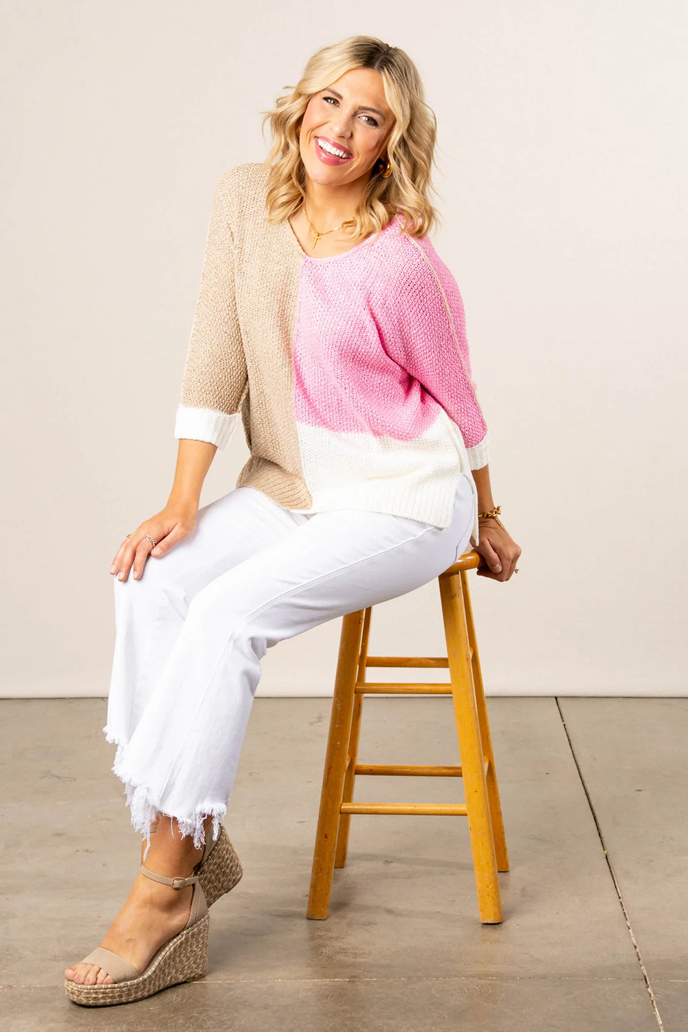 Pink Color Block Knit V Neck Loose Sweater
