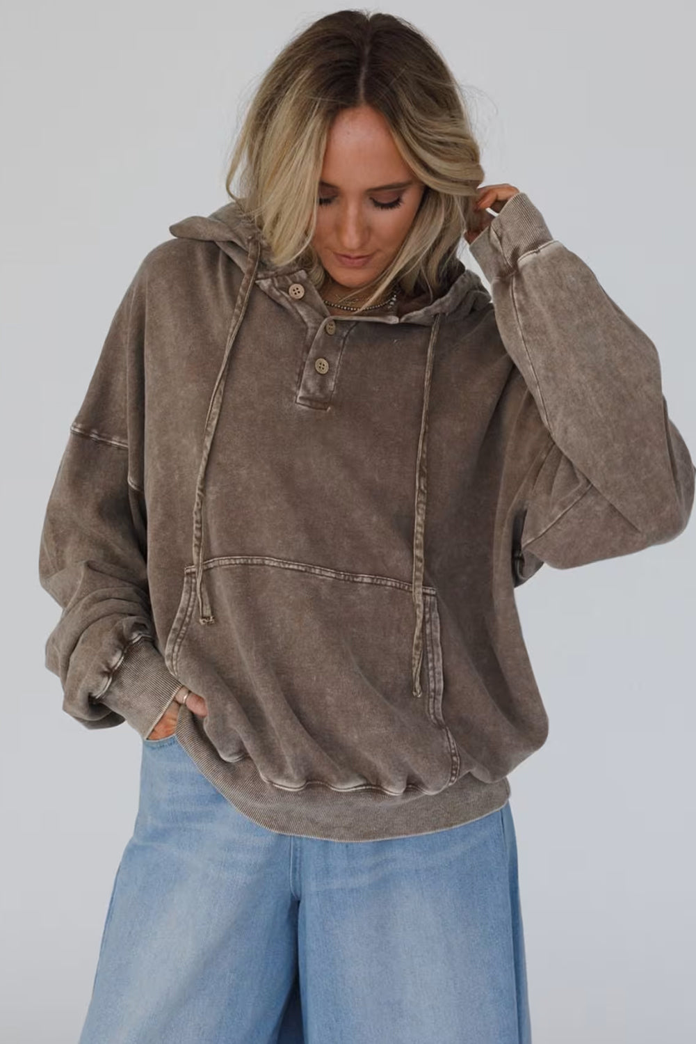 Dark Brown Mineral Wash Button Drawstring Neck Hooded Sweatshirt