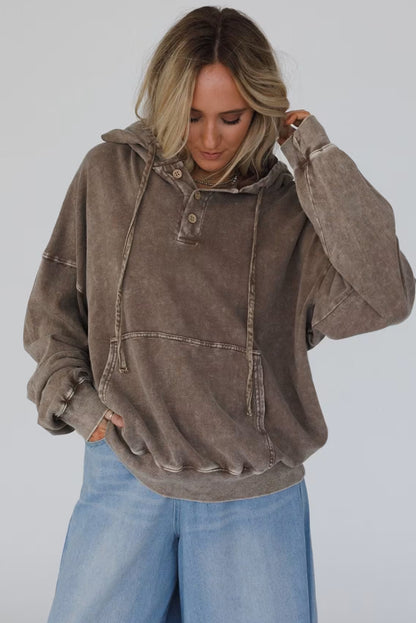 Dark Brown Mineral Wash Button Drawstring Neck Hooded Sweatshirt