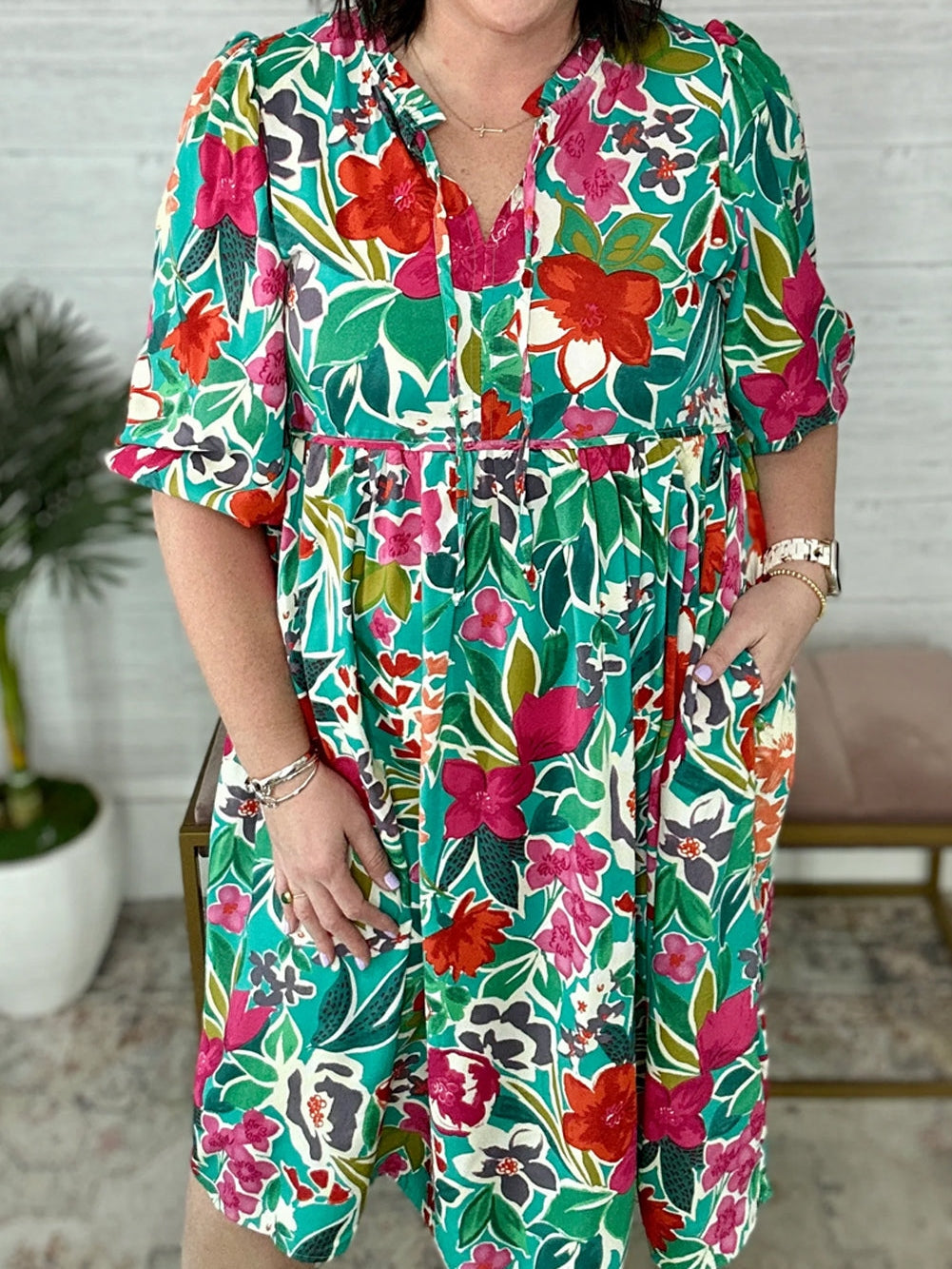 Sky Blue Plus Size Flower Pattern Puff Sleeve Bow Tie Babydoll Dress