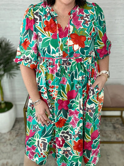 Sky Blue Plus Size Flower Pattern Puff Sleeve Bow Tie Babydoll Dress