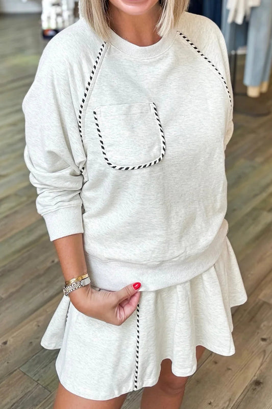 Light Grey Striped Piping Trim Raglan Sleeve Top Active Mini Skort 2pcs Set