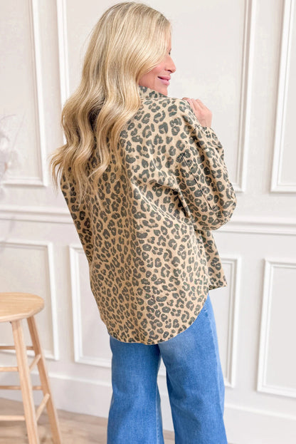 Khaki Leopard Print Collared Button Flap Pocket Womens Shacket