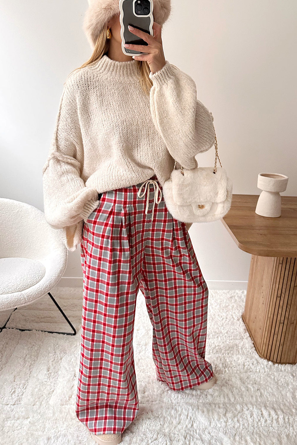 Racing Red Plaid Print Pleated Wide Leg Drawstring Pants