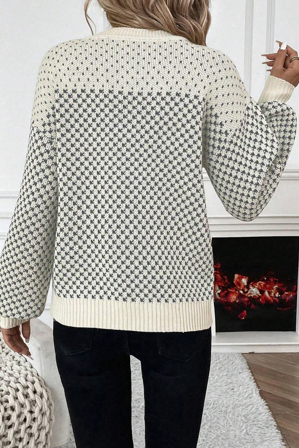Gray Contrast Color Pattern Lantern Sleeve Sweater