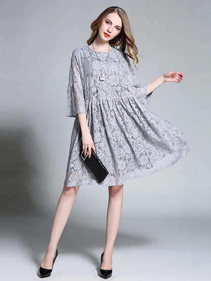 Plus Midi Dresses - Size Curve Dresses Temperament Lace Loose Midi Dress - MsDressly