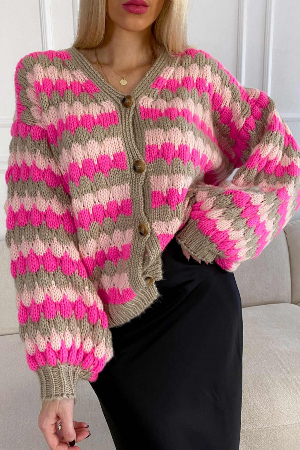 Rose Red Chic Striped Pattern Button V Neck Oversize Sweater Cardigan