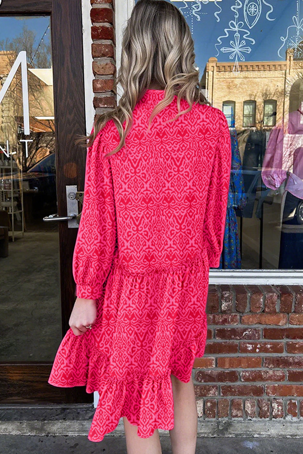 Pink Bohemian Print Shirt Collar Long Sleeve Frilled Ruffle Hem Mini Dress