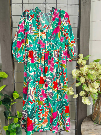 Sky Blue Plus Size Flower Pattern Puff Sleeve Bow Tie Babydoll Dress