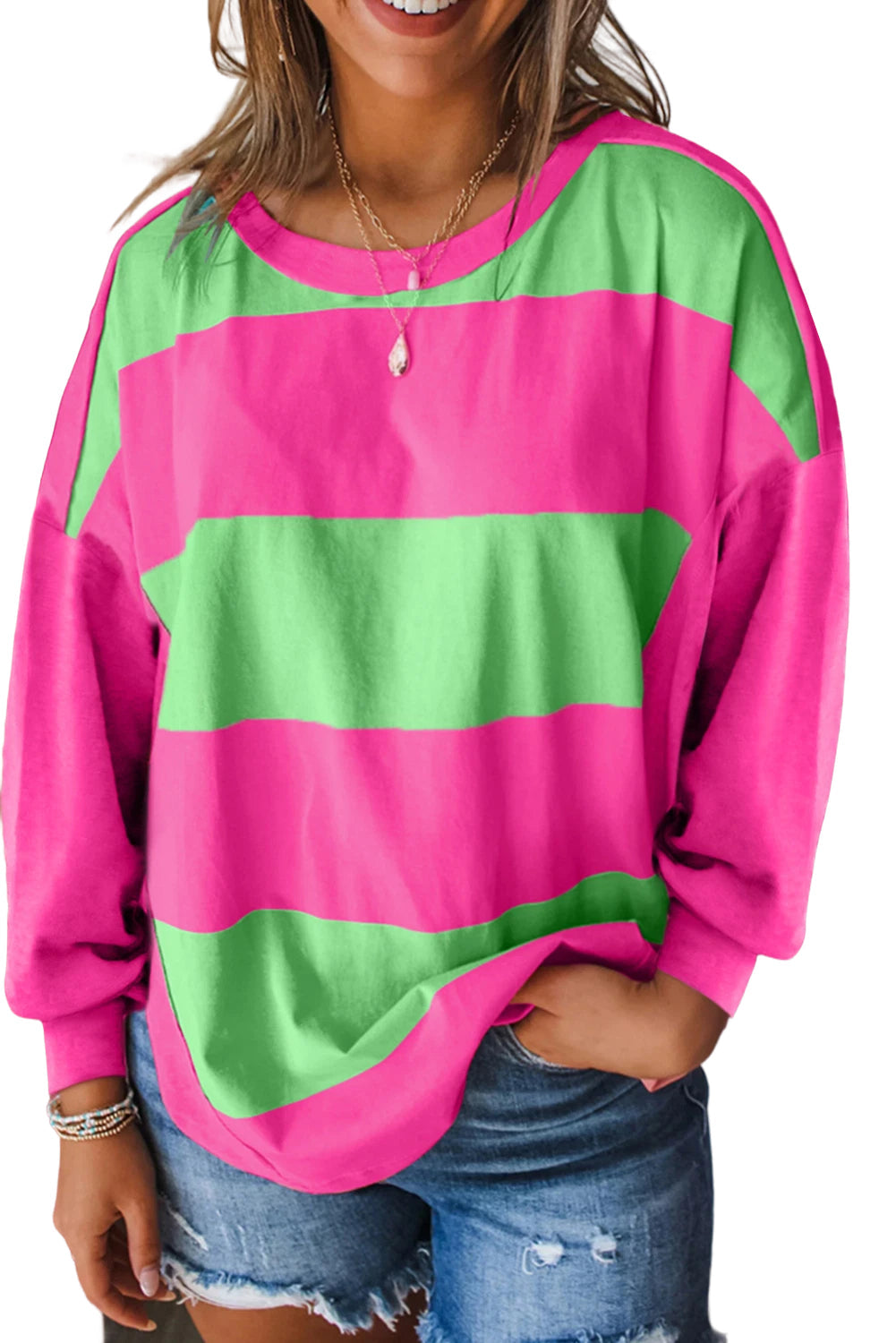 Light Green Colorblock Striped Drop Shoulder Loose Top