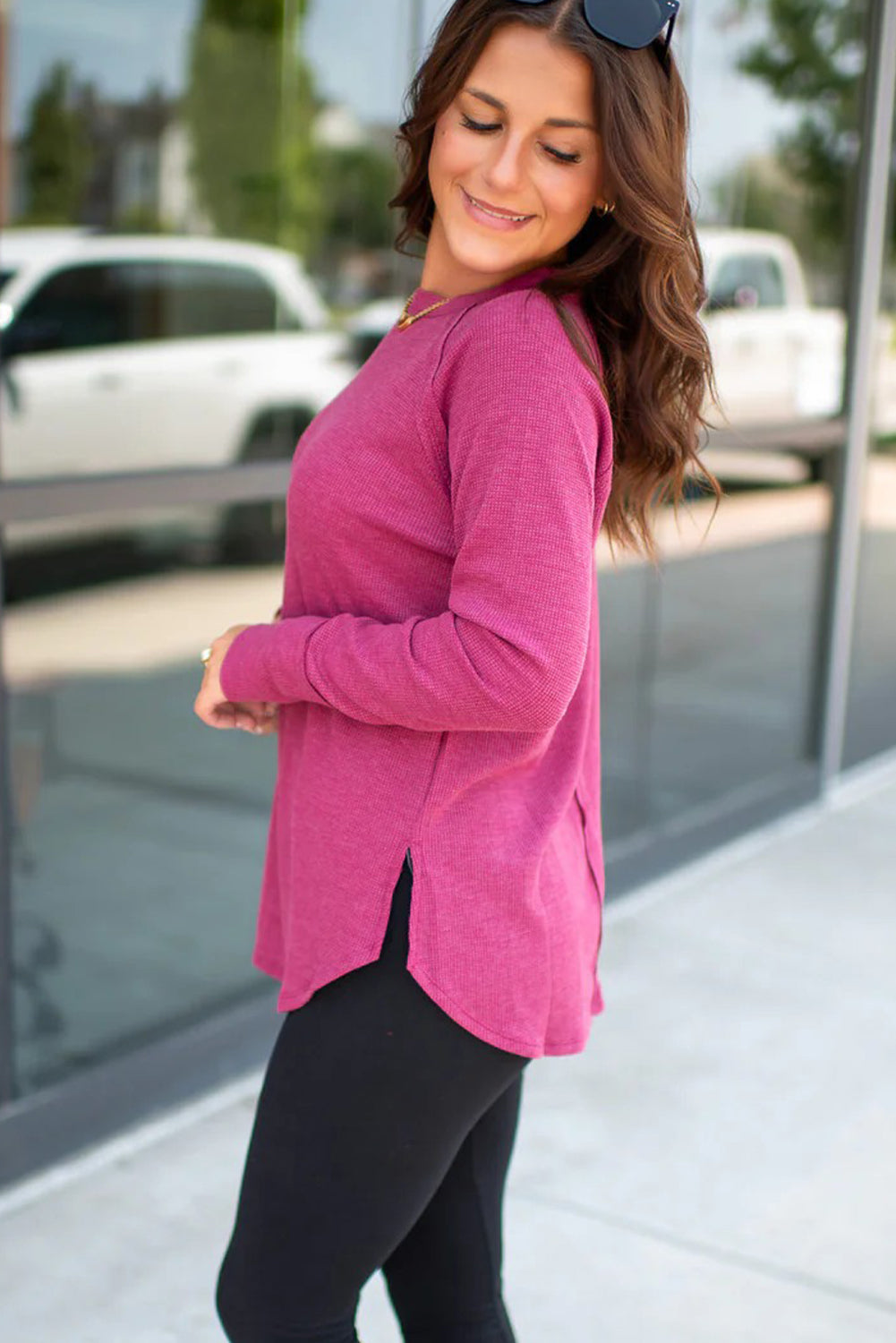 Rose Red Solid Color Thermal Knit Exposed Seam Raglan Sleeve Top