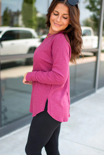 Rose Red Solid Color Thermal Knit Exposed Seam Raglan Sleeve Top