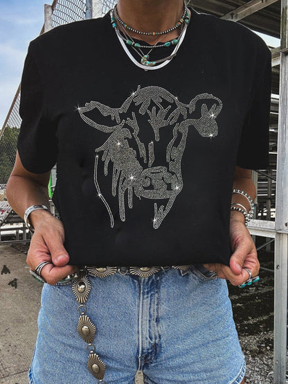 Glamorous Black Rhinestone Western Steer Head Graphic Tee