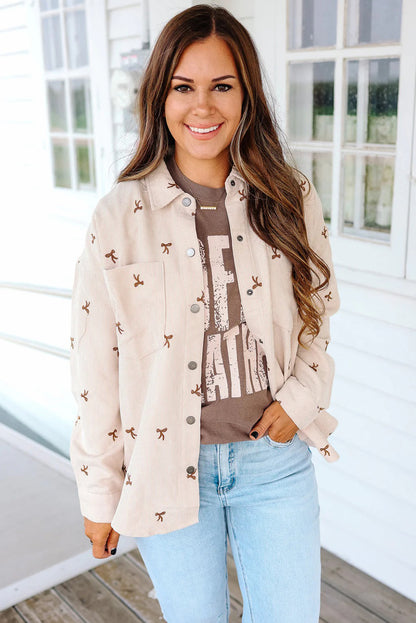 Jet Stream Tiny Bow Embroidered Button Down Corduroy Shacket