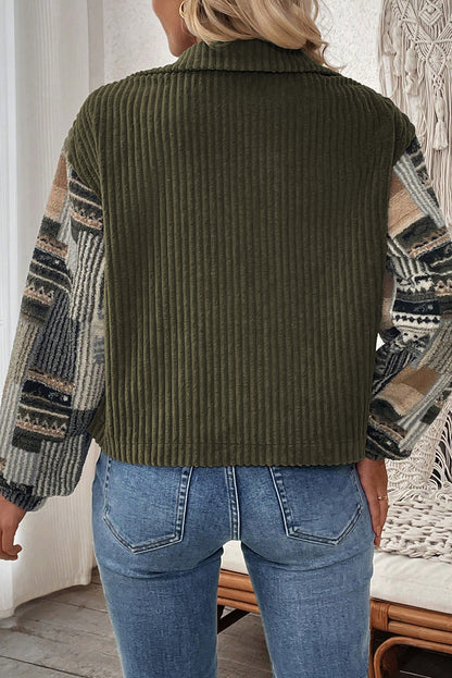 Jungle Green Ribbed Fleece Plaid Print Patchwork Button Up Jacket