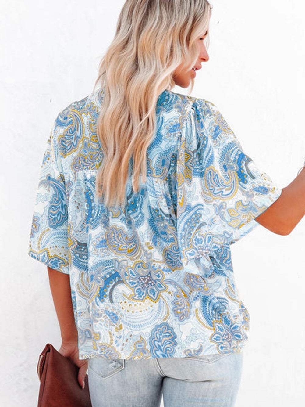 Elegant Sky Blue Paisley Pattern Flowy Blouse with Wide Sleeves