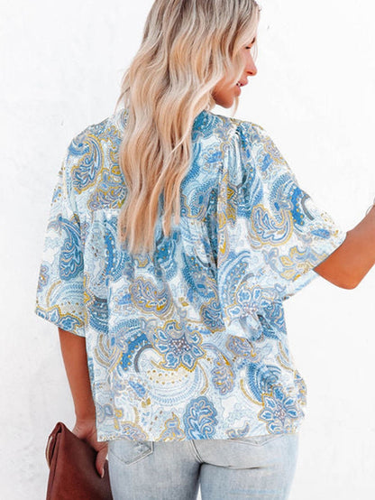 Elegant Sky Blue Paisley Pattern Flowy Blouse with Wide Sleeves