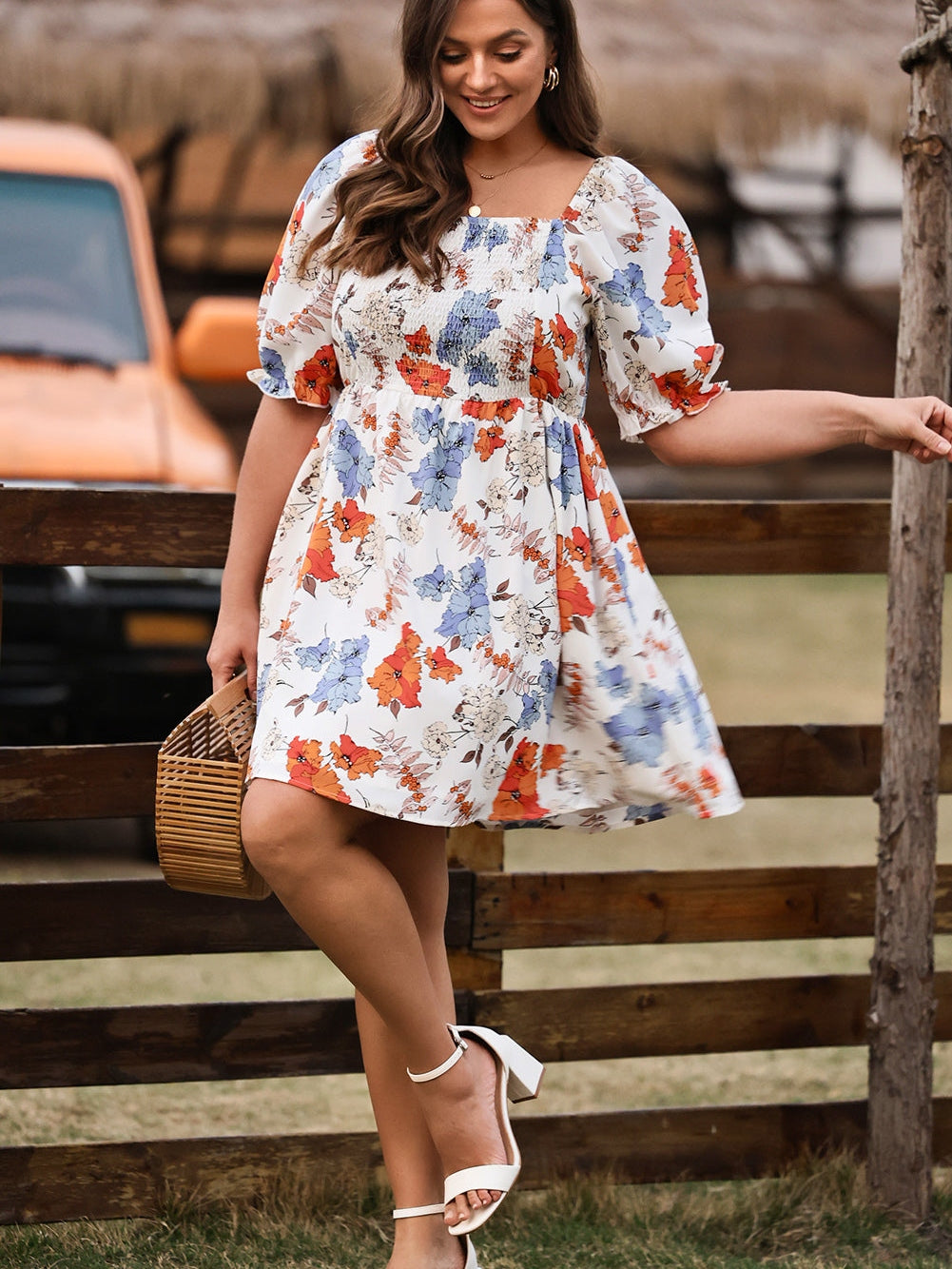White Floral Smocked Flared Plus Size Dress