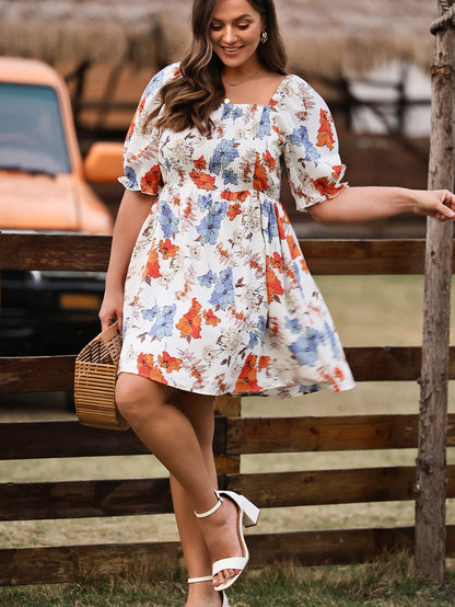 White Floral Smocked Flared Plus Size Dress