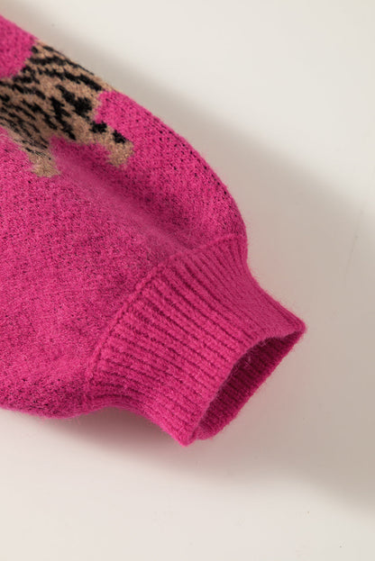 Fierce Leopard Print Rose Red Knit Sweater for Casual Chic