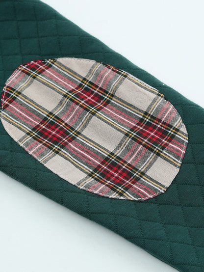 Green Plaid Trim Sweatshirt with Geometric Texture