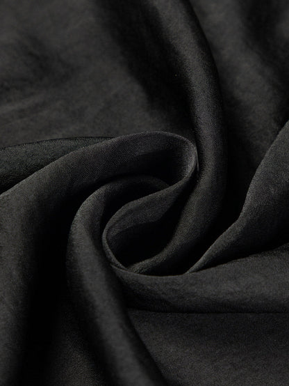 Elegant Black Satin V Neck Pleated Puff Sleeve Blouse