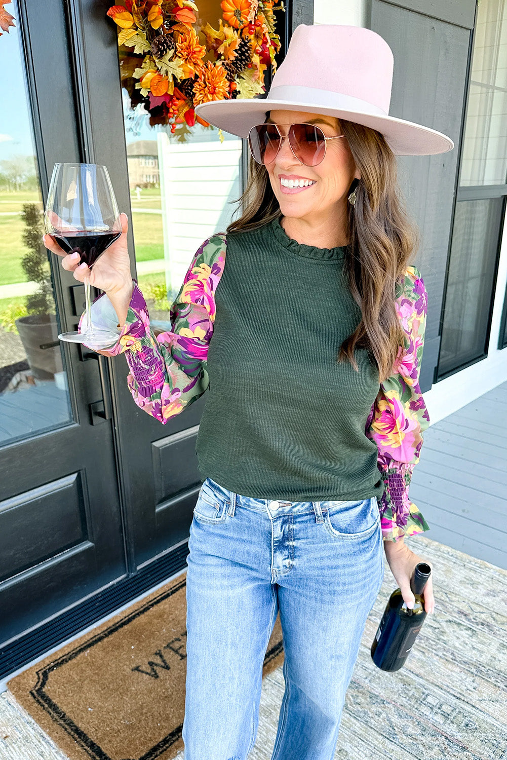 Green Floral Ribbed Frill Neck Long Sleeve Top with a Misty Twist