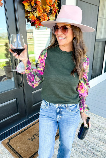 Green Floral Ribbed Frill Neck Long Sleeve Top with a Misty Twist