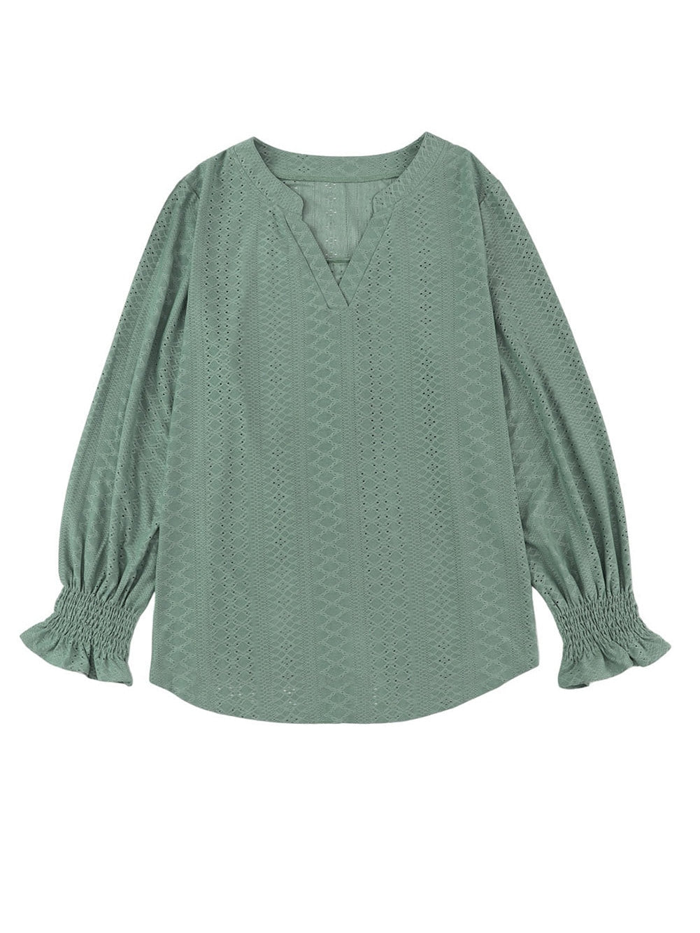 Green Eyelet Jacquard Split Neck Flounce Sleeve Plus Size Blouse