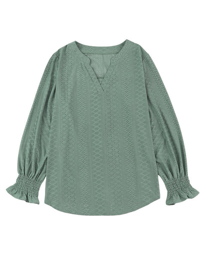 Green Eyelet Jacquard Split Neck Flounce Sleeve Plus Size Blouse