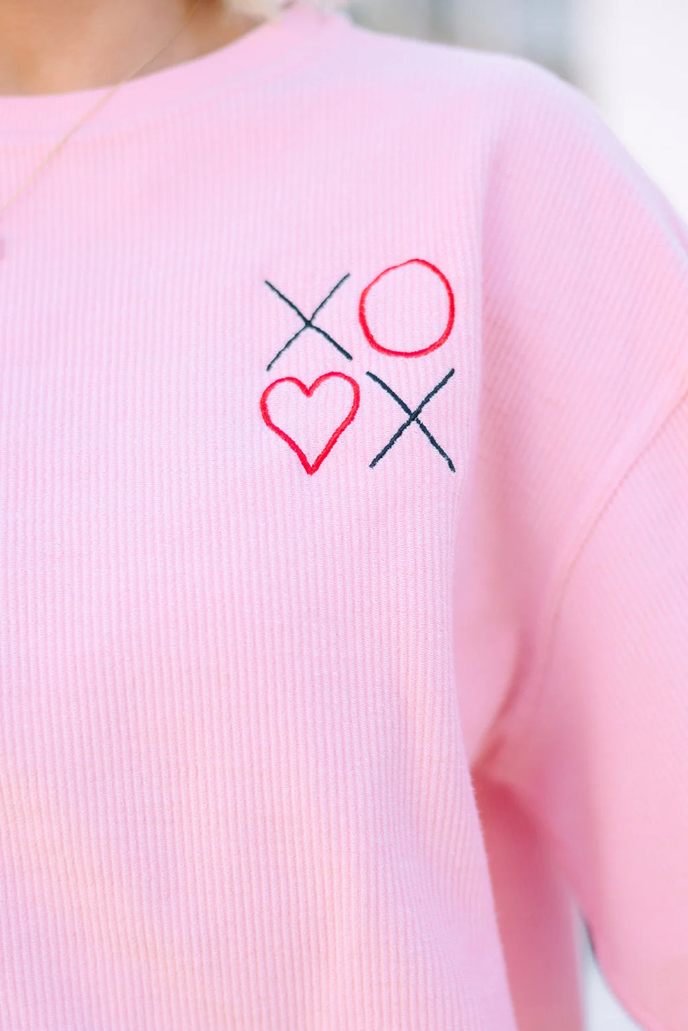 Pink 3d Ribbed XOXO Heart Embroidered Drop Shoulder Sweatshirt