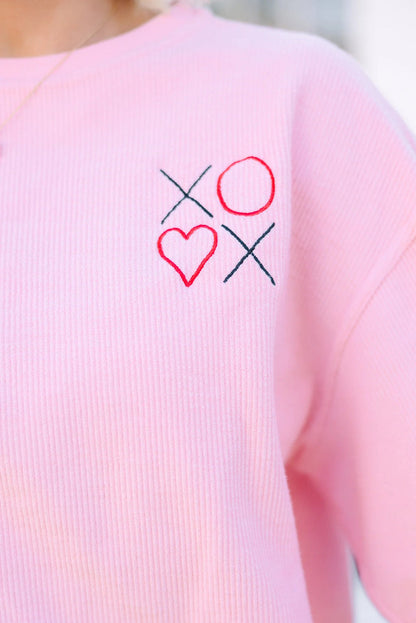 Pink 3d Ribbed XOXO Heart Embroidered Drop Shoulder Sweatshirt