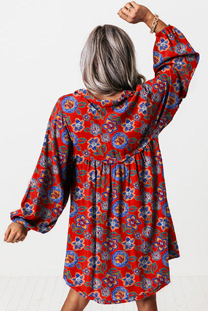 Red Floral Print Split Neck Bubble Sleeve Shift Mini Dress
