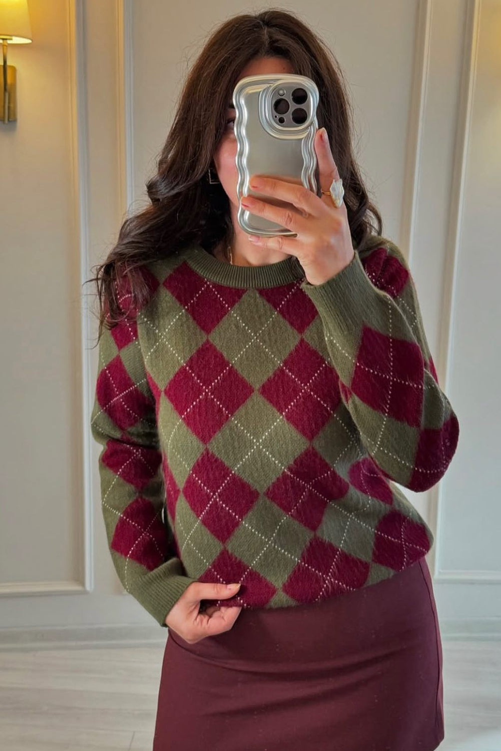 Green Vintage Argyle Knit Round Neck Sweater