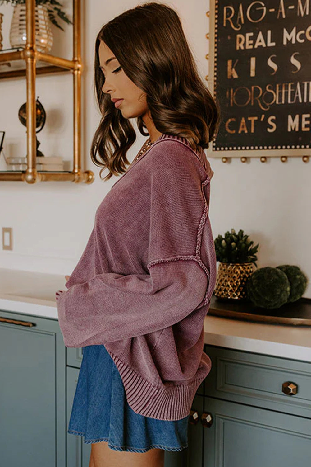 Burgundy Mineral Wash V Neck Knit Exposed Seam Drop Shoulder Loose Sweater