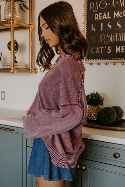 Burgundy Mineral Wash V Neck Knit Exposed Seam Drop Shoulder Loose Sweater