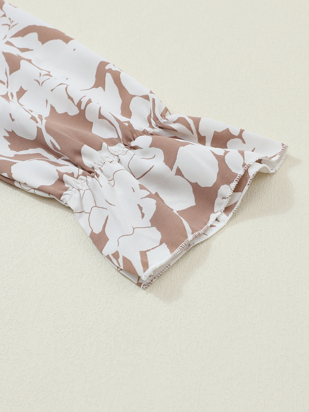 French Beige Floral Print Ruffle Neckline Flounce Sleeve Top