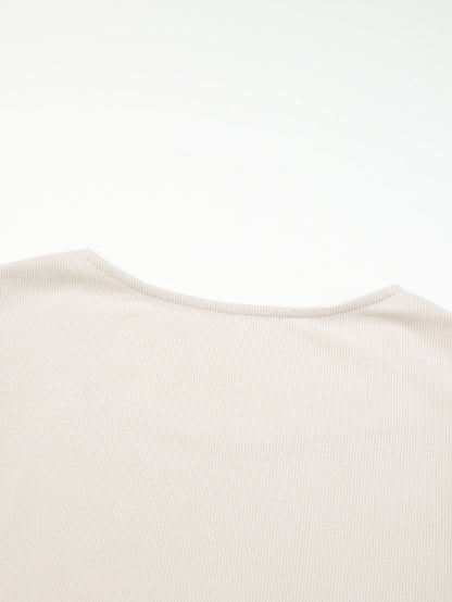 Beige Floral Lace V-Neck Sheath Top with Long Sleeves