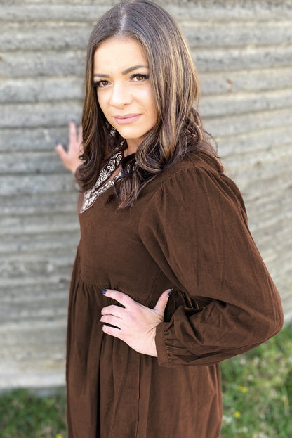 Coffee Embroidered Notched Neckline Textured Pleated High Waist Plus Size Long Dress