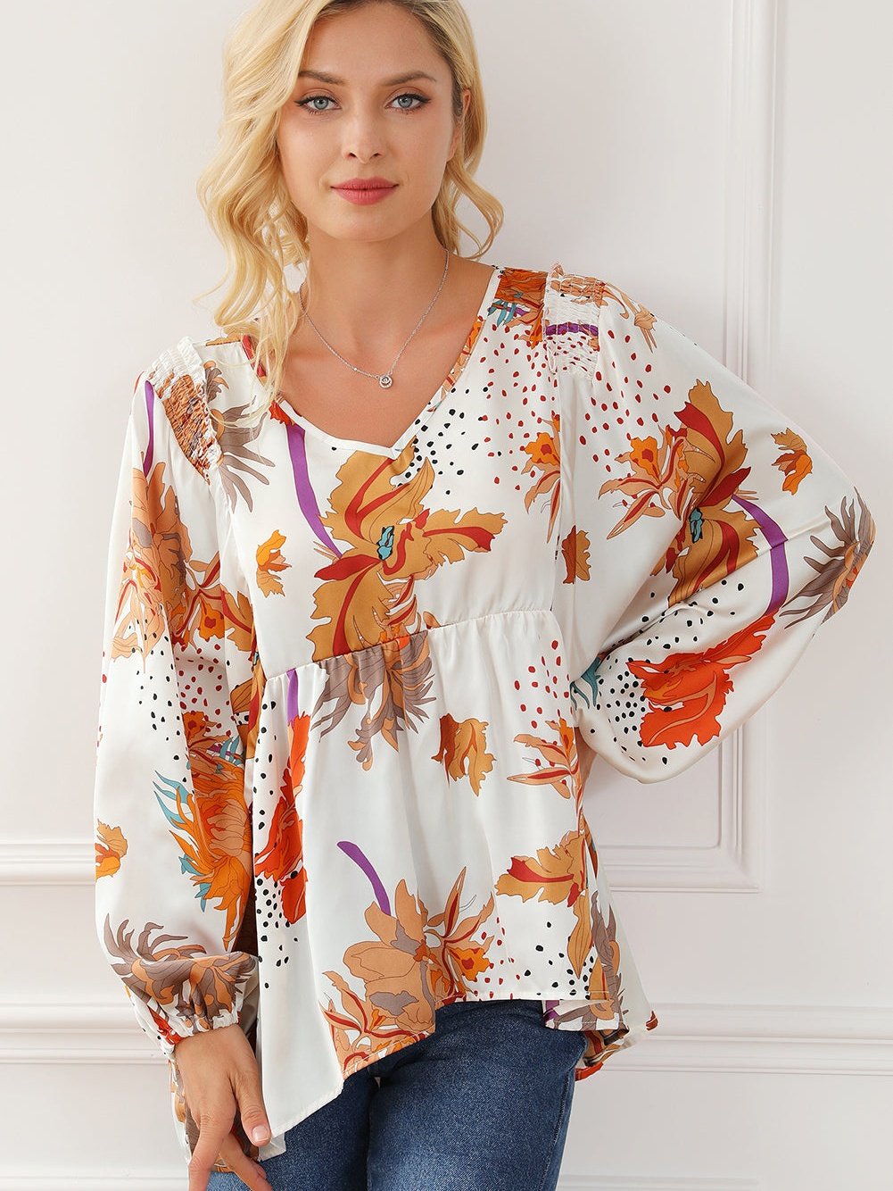 Floral Fantasy V Neck Babydoll Blouse in Multicolor