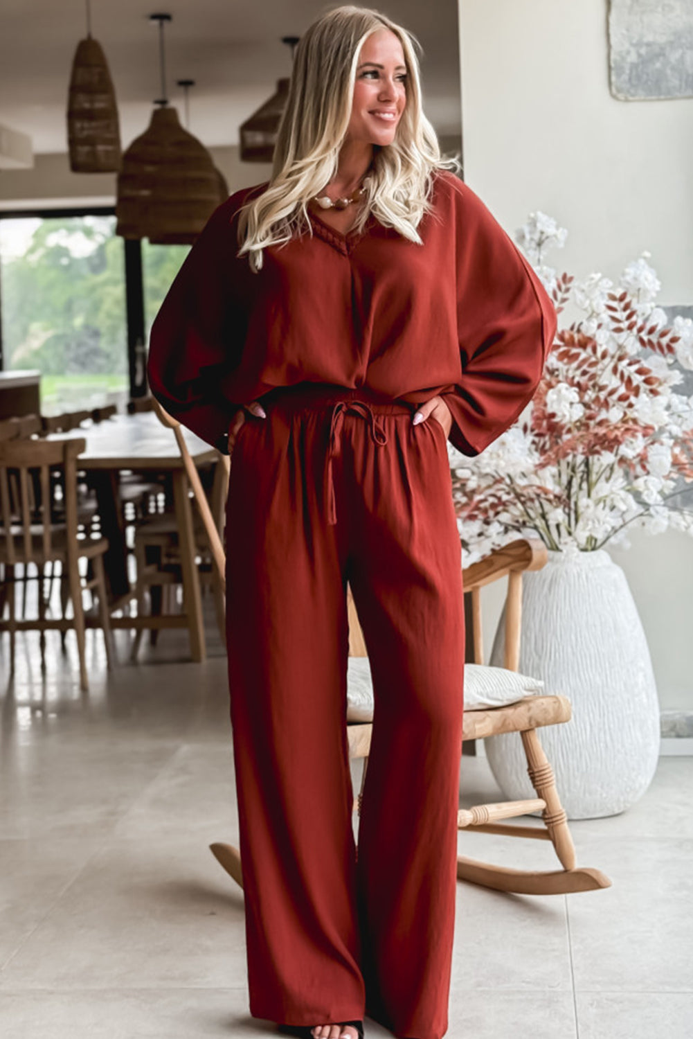 Clay Braided V Neck Long Sleeve Loose Top and Drawstring High Waist Pants 2pcs Outfit