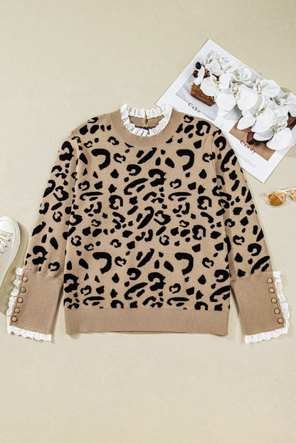 Brown Leopard Knitted Lacy Trim Cuffed Plus Size Sweater